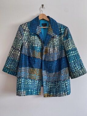 Investments Patterned Blue Mosaic Jacket with 3/4 Sleeves